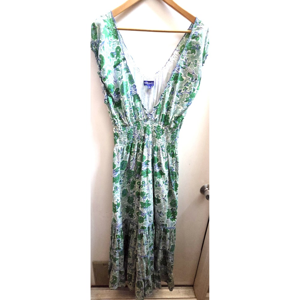 Anthropologie RO'S GARDEN XL Hilda Maxi Dress Green/White Smocked Waist Deep-V - Picture 2 of 10
